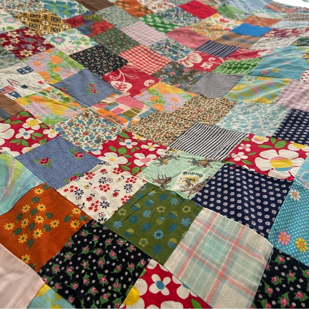 Vintage Handmade “Postage Stamp” Patchwork Quilt Multicolor Bedcover#0831256